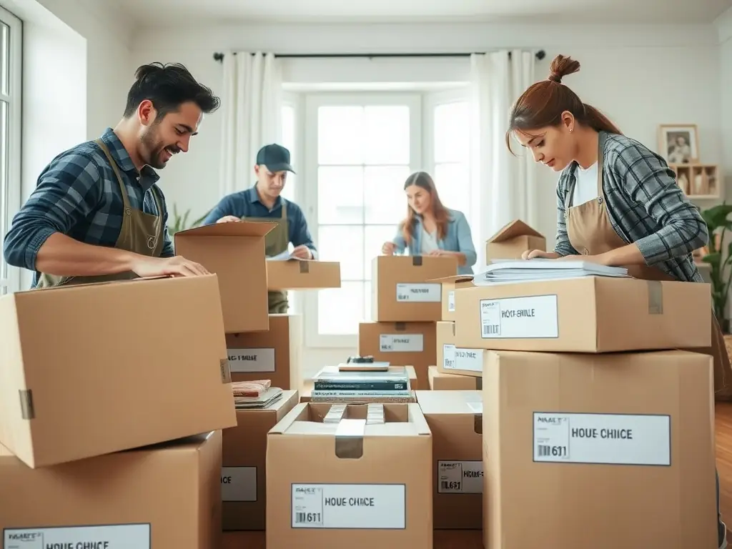 An image illustrating packing services with movers carefully wrapping and boxing household items in a home setting.