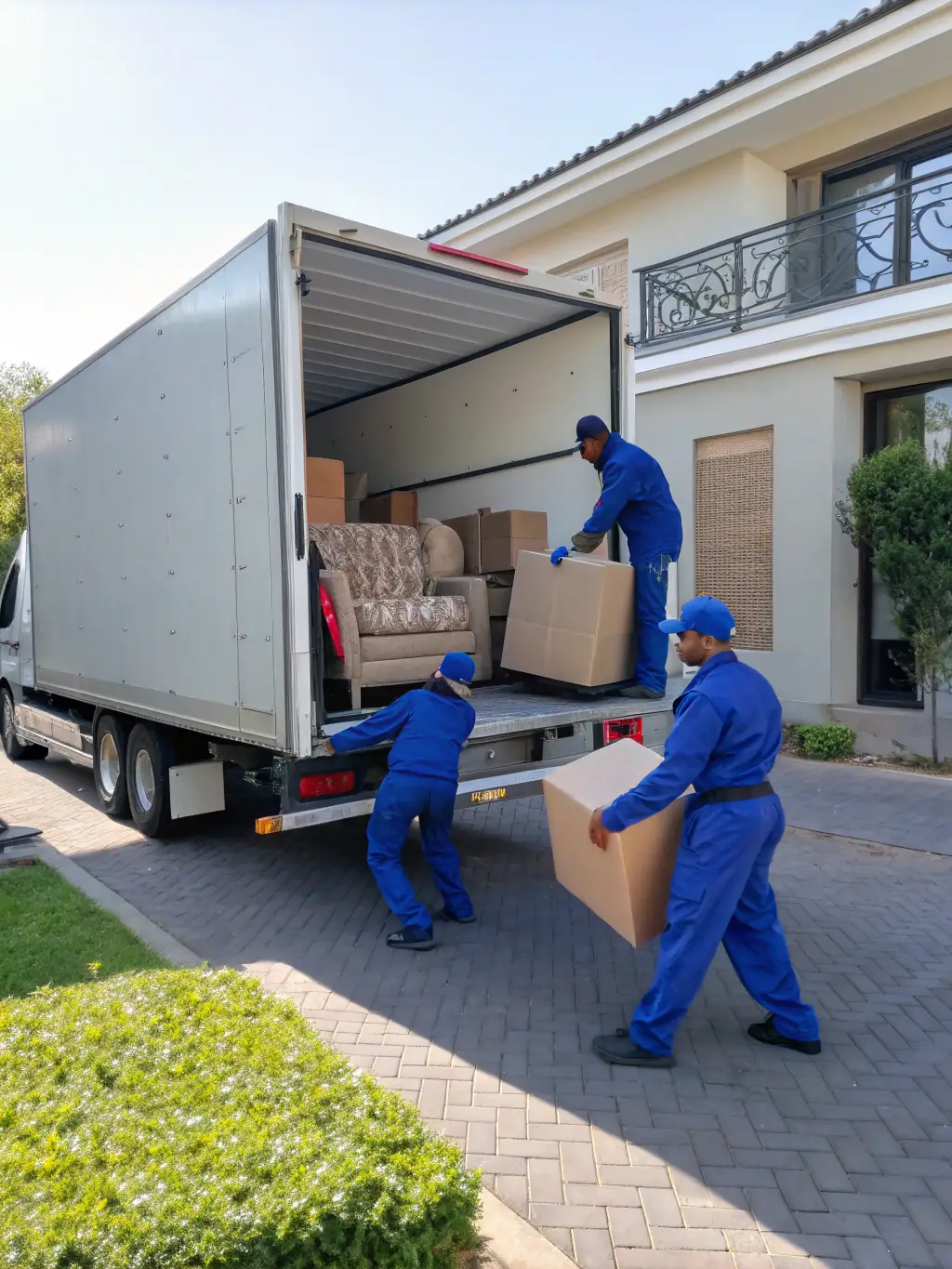 A diverse team of movers working together to load a moving truck, showcasing teamwork and reliability. The image should convey a sense of trust and competence.