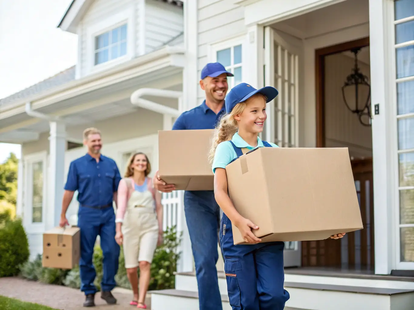 A family smiling and handing keys to movers, symbolizing a smooth and stress-free moving experience.
