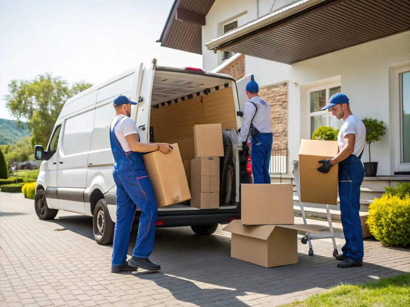 A team of movers efficiently loading a moving truck with boxes, demonstrating their teamwork and organizational skills.