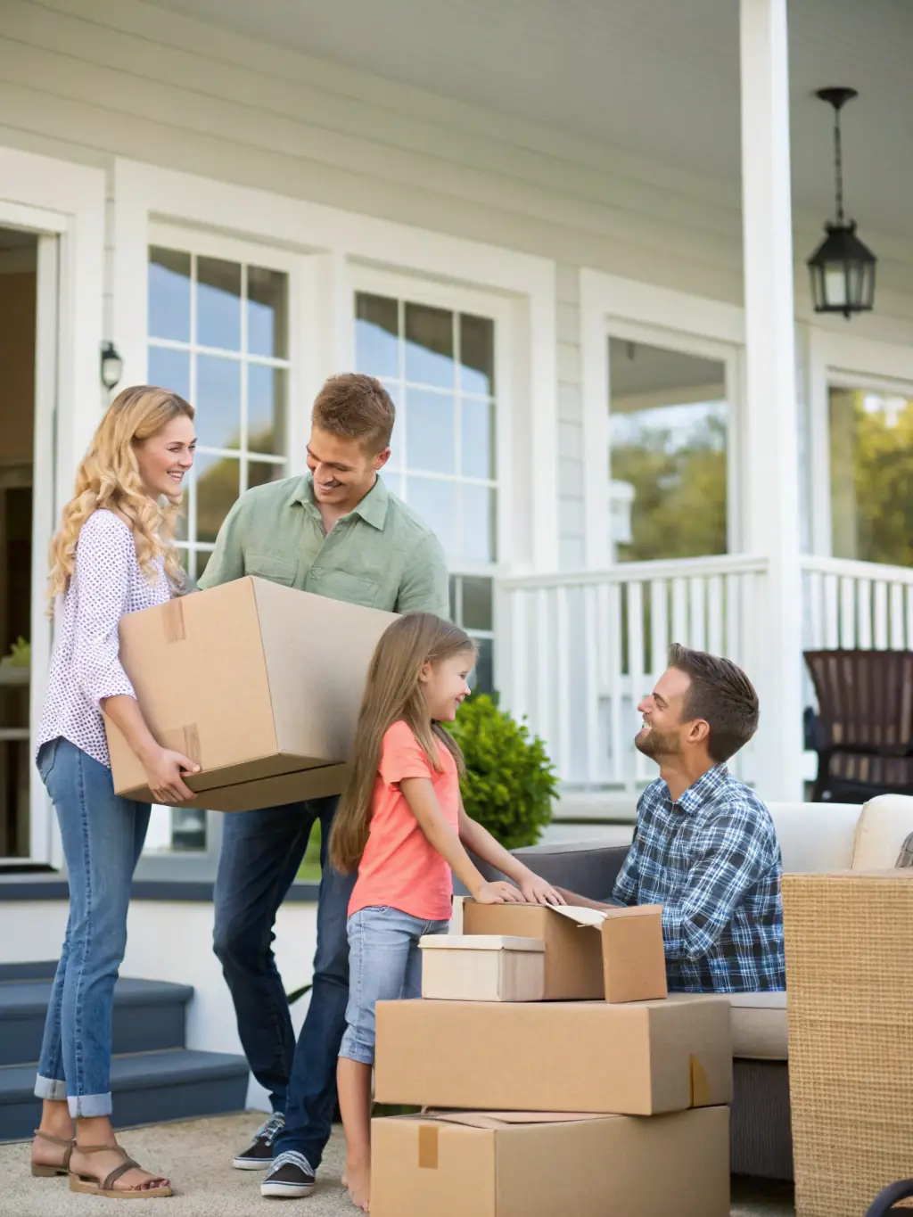 A high-resolution photo depicting a family happily unpacking boxes in their new home, with a focus on the safe arrival of their belongings. The image should convey a sense of relief and satisfaction.