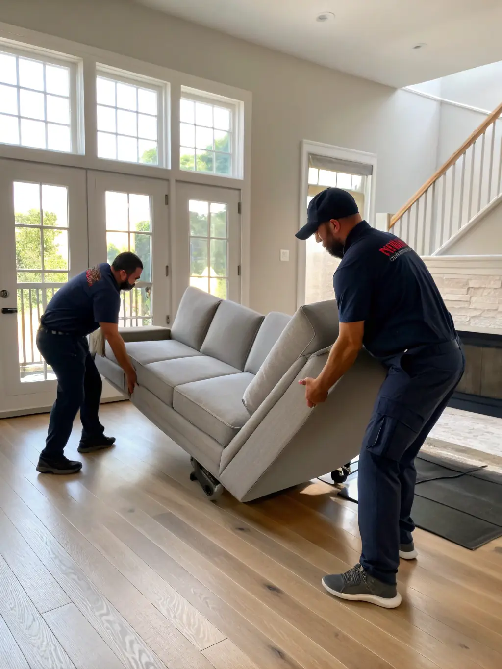 An image depicting movers carefully handling furniture and interacting positively with clients during a move, emphasizing professionalism and attention to detail. The context is to represent the service quality evaluation.