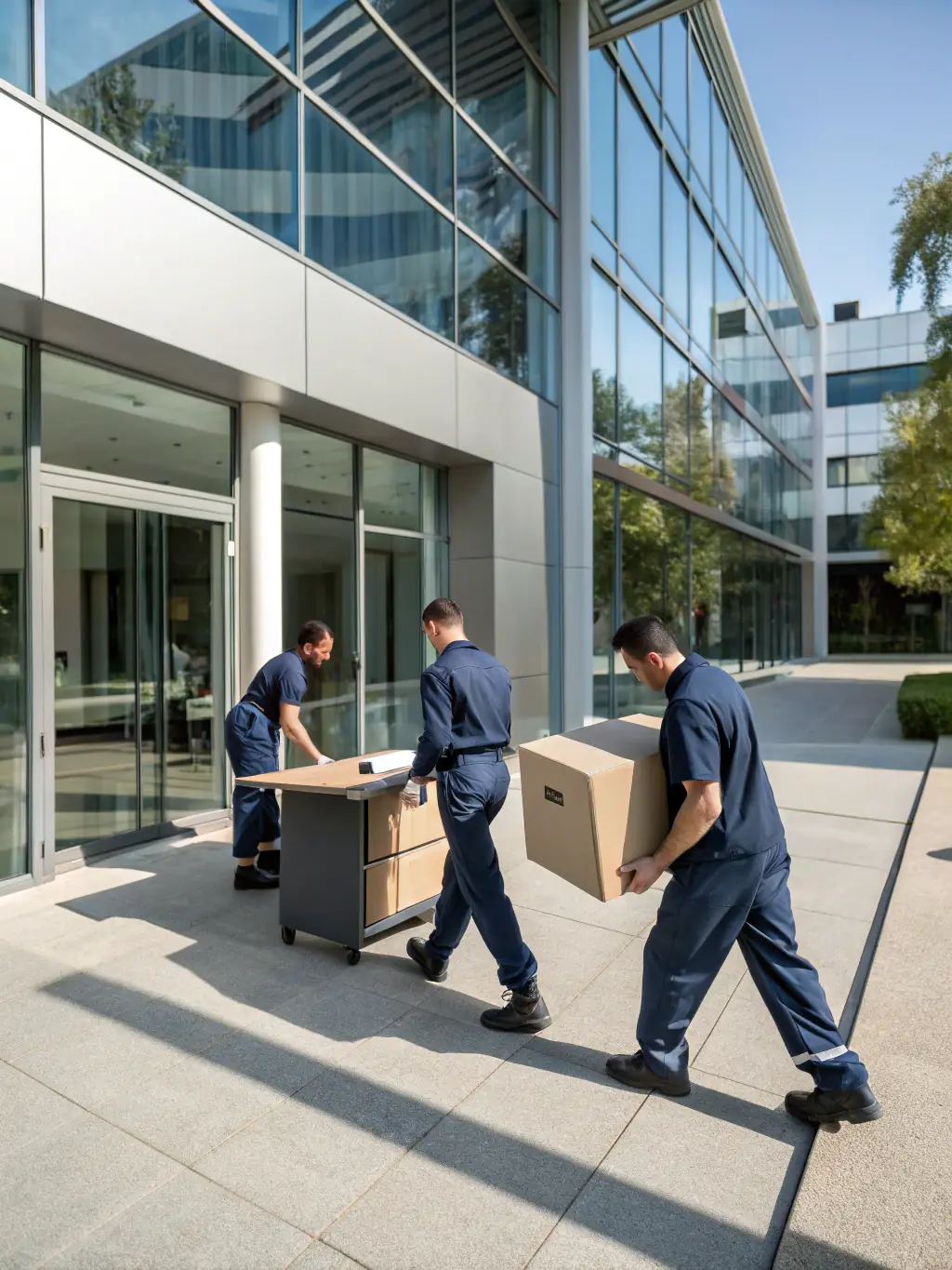 A modern office space being efficiently relocated, with movers carefully transporting office equipment and furniture. The image should convey professionalism and minimal disruption.