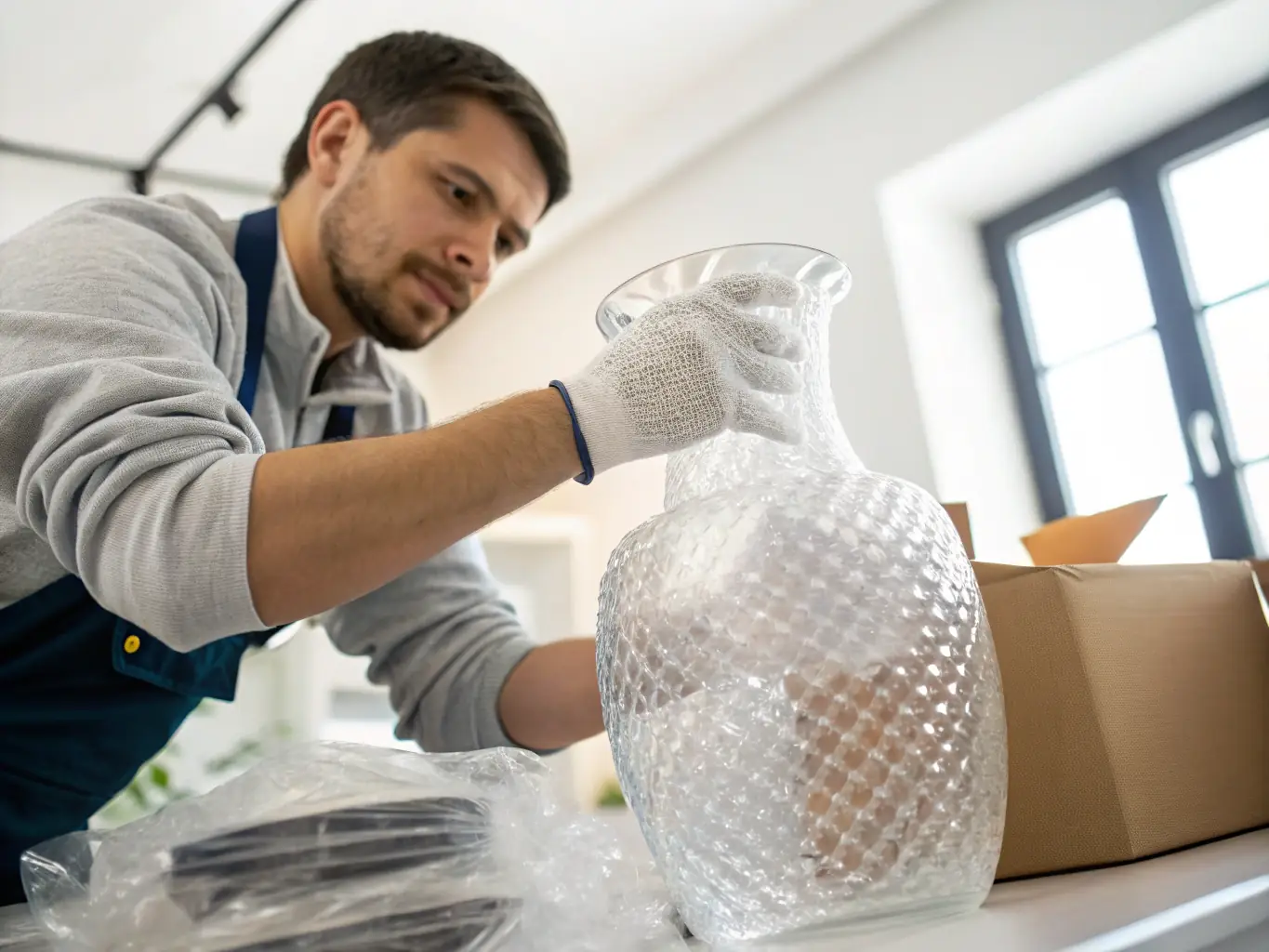 A professional mover carefully wrapping a delicate vase with bubble wrap, showcasing their attention to detail and care for clients' belongings.