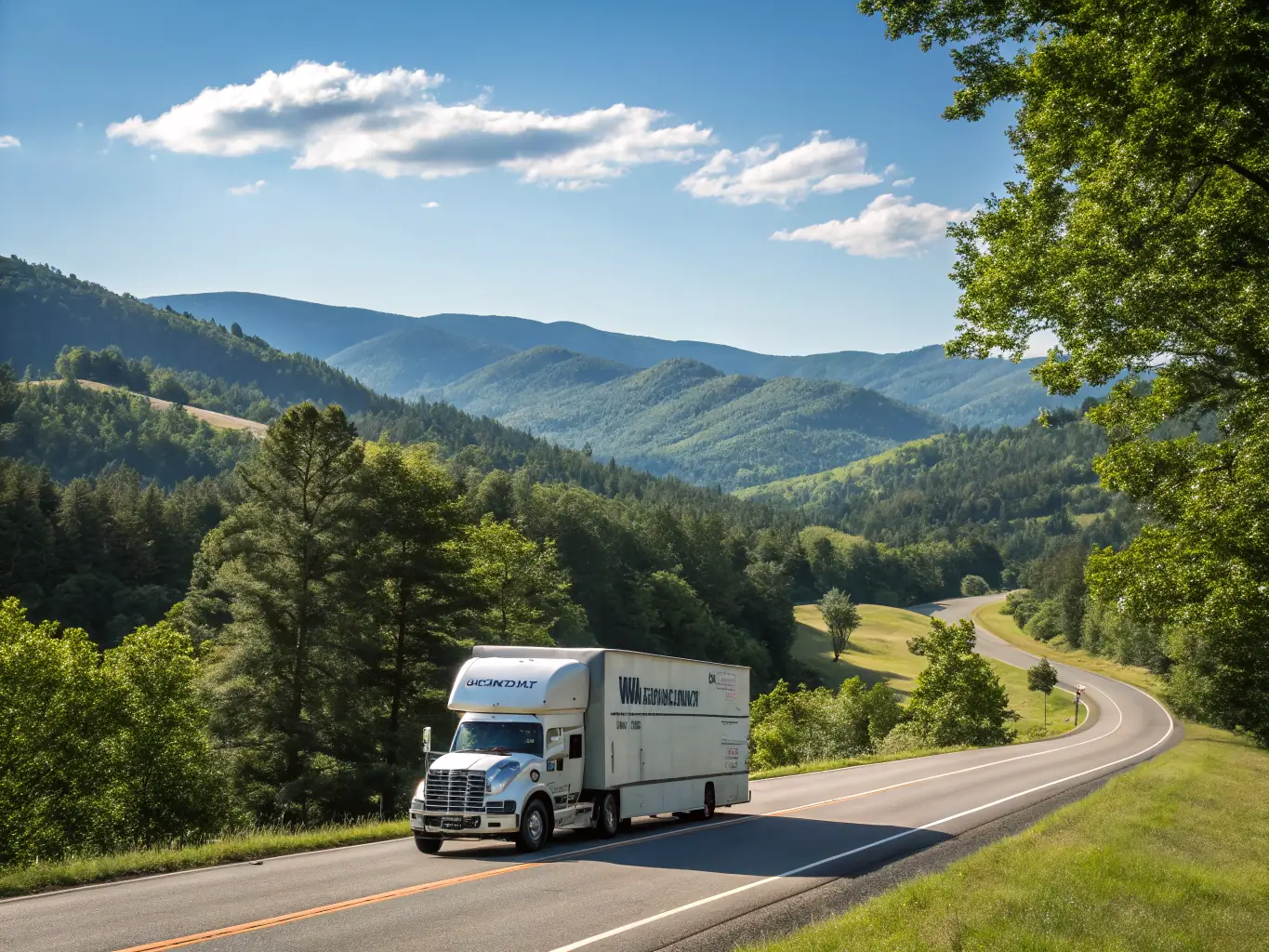 An image showcasing a long-distance move with a moving truck on a highway, symbolizing the journey across states.