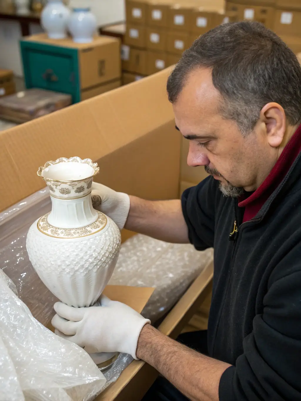A professional mover carefully wrapping fragile items, such as glassware or artwork, with protective materials. The image should emphasize the attention to detail and care taken during the packing process.