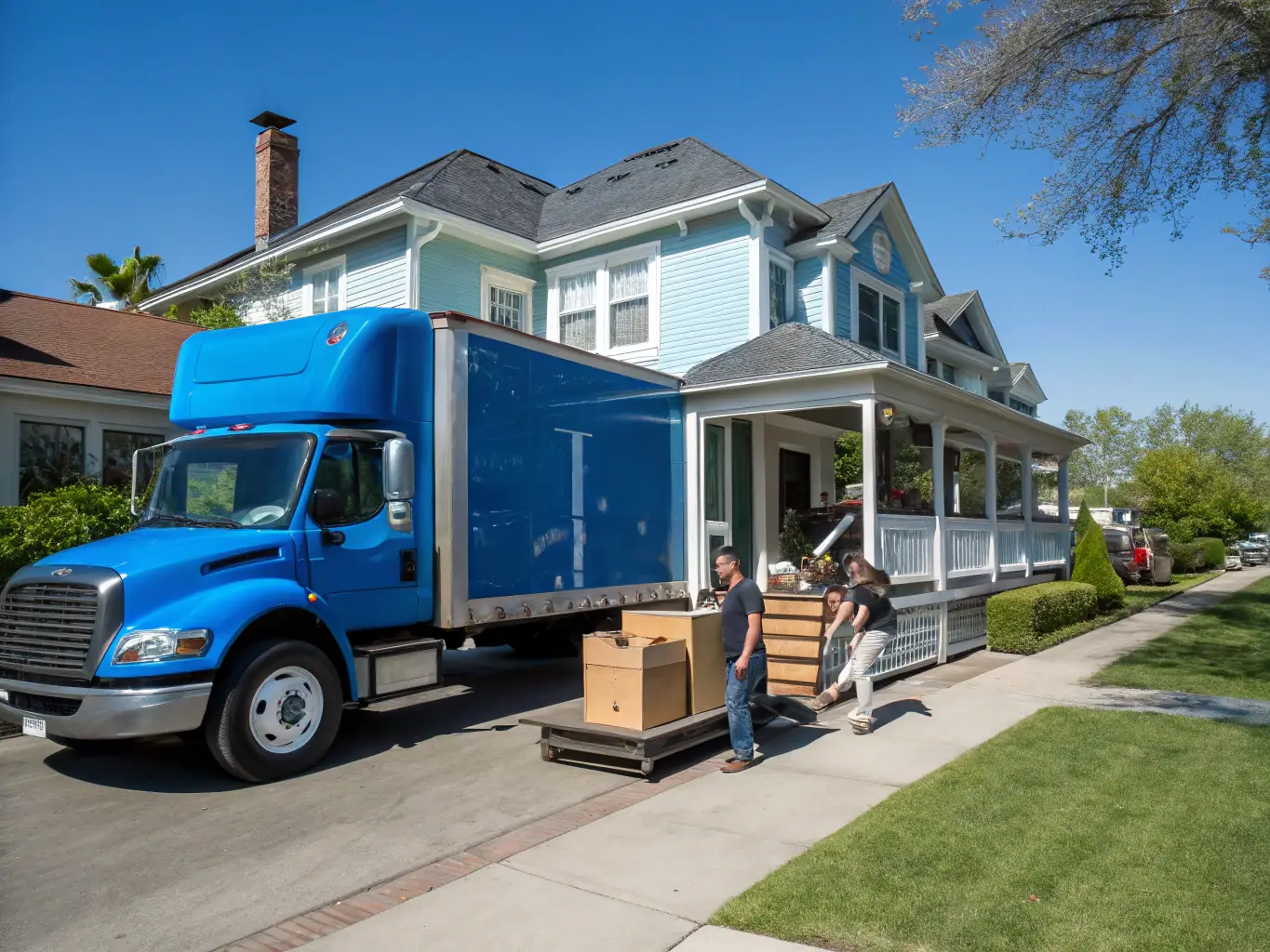 An image depicting a local moving scene with a family happily watching movers load their belongings into a truck in a suburban neighborhood.