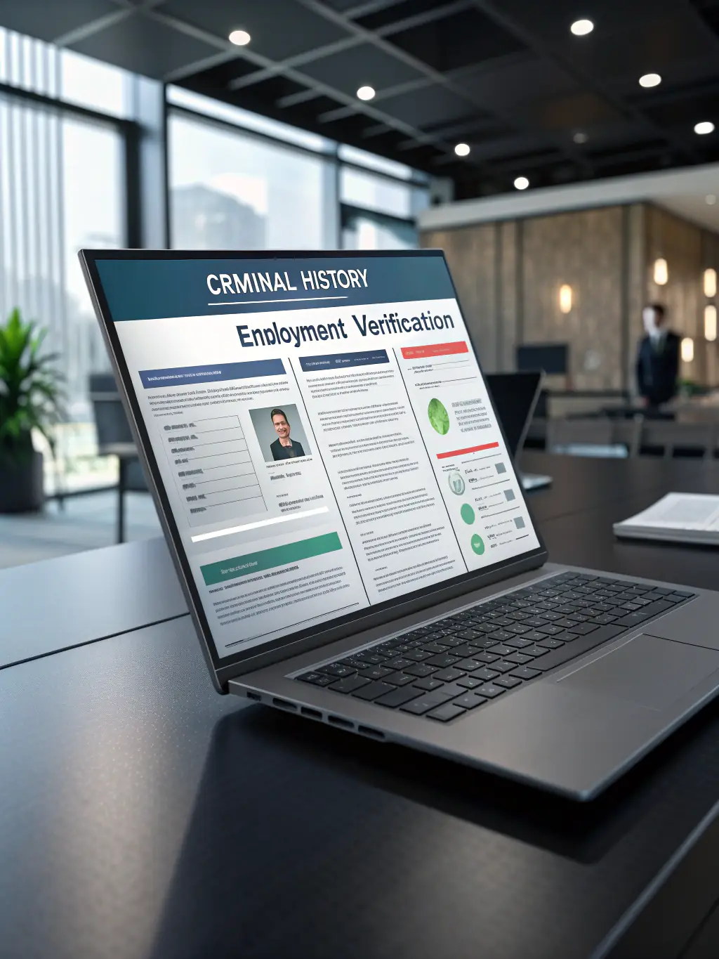 A background check report displayed on a tablet, showing verification of credentials, licenses, and insurance for a moving company. The context is to highlight the importance of reliability and background checks.